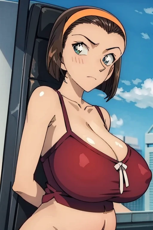 Looking into the camera、When I Look at You、lookatviewer、Anime Style、Eroge、1 Girl, (Huge breasts), (Tight white camisole dress)、Low - Angle、Brown haired, hair band、Bob Hair、The forehead is visible、blush,The whole body is visible:1.5、Pregnant women、Cleavage、O-neck、Accentuate your breasts、Arms crossed behind back