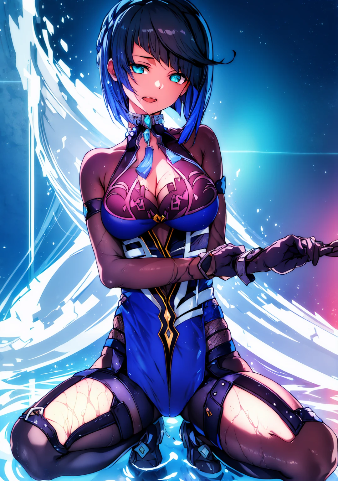 ((Very detailed)), Genshin Impact ((Yeran)), Soft lighting,  Perfect human hand,Woman in a relaxed pose)) , Perfect body curves, Tabletop, 4K, Center chest detail, Perfect Face, (20-year-old) , Fits your body type,  ゴージャスなPerfect Face, Open your mouth, Realistic style and ultra-detailed rendering, Surrealism, Ultra-realistic oil, Contour Shadow Process Body Portrait)), Sweaty,Spread your legs,Spread your legs,sit in a squatting position,Water flows between my legs,soaked through,puddle,Water springs up,Close one eye,Accept,Vigorous gushing water,The face of someone who has reached the limit of his patience,Drooling,Sensual face,The perfect human body,Sexy Body,The perfect human body