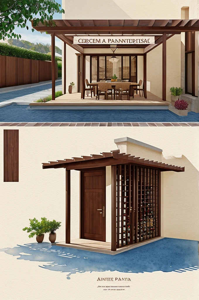 create a watercolor design of the word palanta architectural with wine poo theme