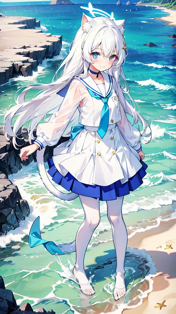 Sailor Suit,girl,White pantyhose,White hair,Long hair,Cat ear,Heterochromia blue-yellow,Smile,Female face,There are bright spots in the eyes,White little hands,Normal fingers,flat chest,On the beach,Blue Halo,White skirt,Blue tie