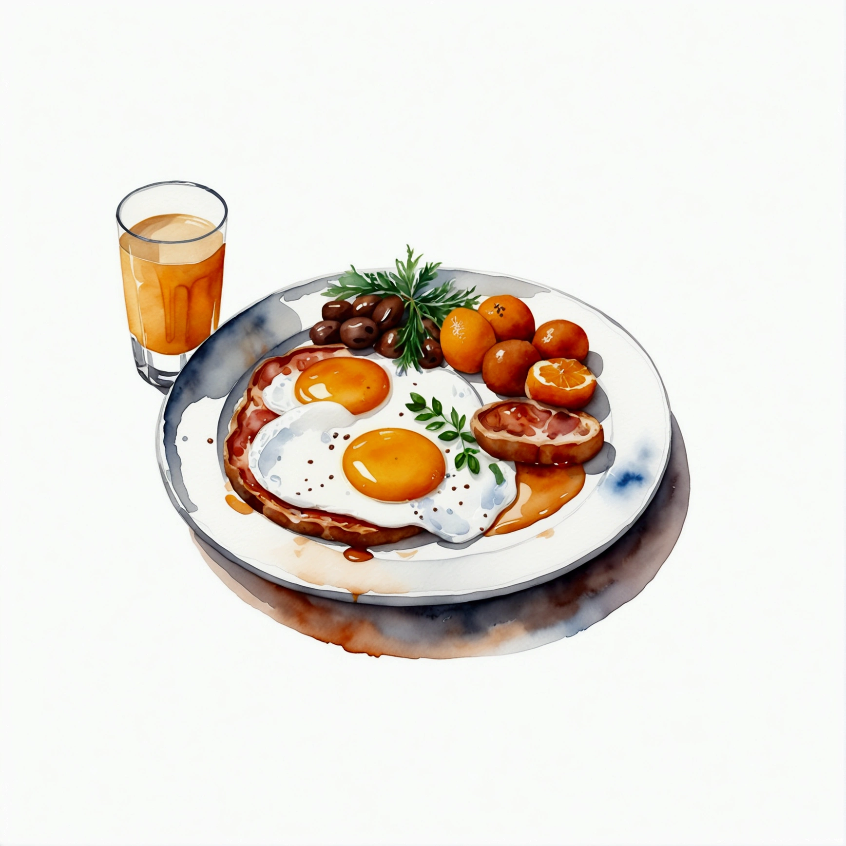 a very clean image painting of a full english breakfast menu, full dining set, solid white background, center composition, negative space around the object, washed out color, detailed masterpiece, loose drawing, clipart, vector art, illustration, a cup of (coffee), an orange juice, (watercolor)