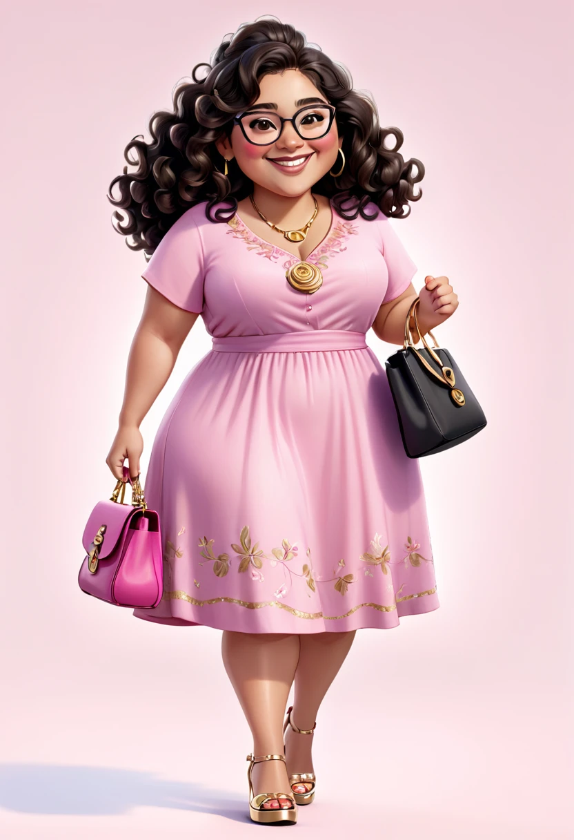 An illustration of a slightly chubby Latina woman, light brown skin, with long curly black hair, wearing glasses, smiling happily, she is wearing a pink dress, wearing shoes, she is holding a pink bag with gold details, background white, 3D pixar style