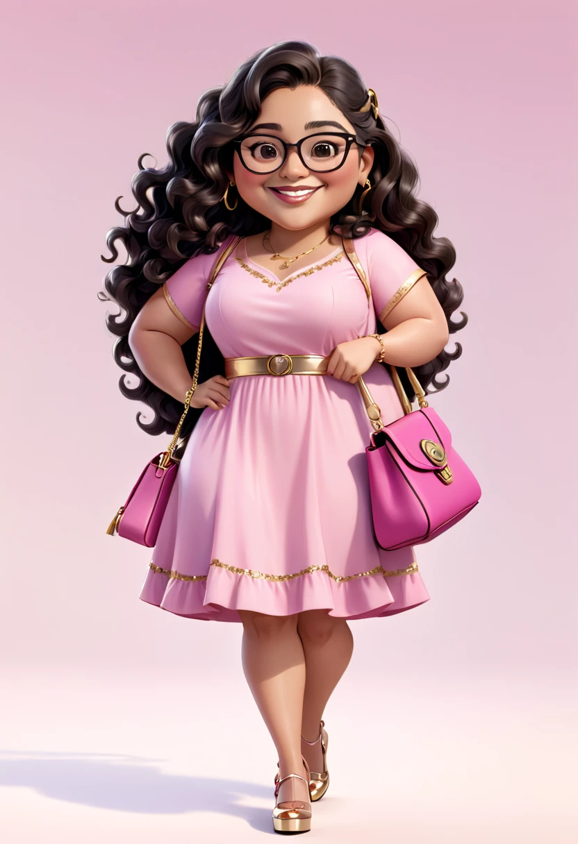 An illustration of a slightly chubby Latina woman, light brown skin, with long curly black hair, wearing glasses, smiling happily, she is wearing a pink dress, wearing shoes, she is holding a pink bag with gold details, background white, 3D pixar style