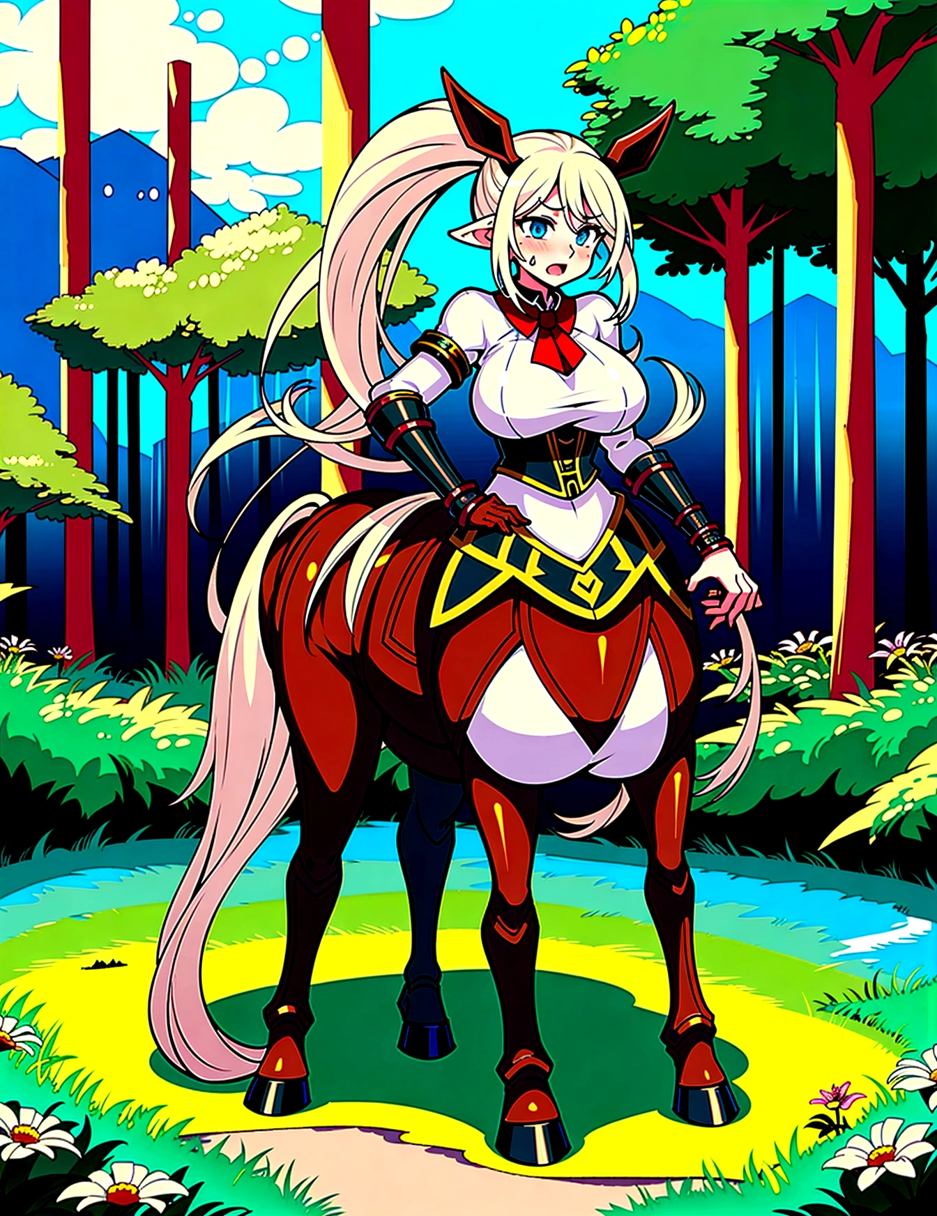 Anime centaur.1 girl. cutie. centaur girl, Half man. monster girl. centaur. Girl - horse. blonde. long hair. hair ornament. Her hair is pulled back into a high ponytail.. Blue eyes. Beautiful eyes. Perfect eyes. expressive eyes. perfect face. face, about to sneeze sneezing face. Beautiful nose. Snotty nose. Long snot hanging from the nose after sneezing.  years. big breasts. beautiful breasts. girl knight. centaur knight. She is ill. She got sick. She has allergies. She has a runny nose. nasal mucus. She has snot. She wants to sneeze. She needs to sneeze. She has a strong, desperate urge to sneeze. She sneezes. She sneezes. Splashes of snot fly to the sides. Snot flows from the nose. She has her period. Her crotch is bleeding. in the middle of a forest. Ideal anatomical body. Lower body of a horse.. Horse slender legs. hooves instead of feet. white linen blouse. Light plate armor - corset. skirt. no panties. standing. full height. beautiful character design. shiny skin. whole body. NFS. official art. чрезвычайно подробные обои CG Unity 8k. perfect lighting. 4K ultra-high resolution. Super detailed 8K resolution. A high resolution.