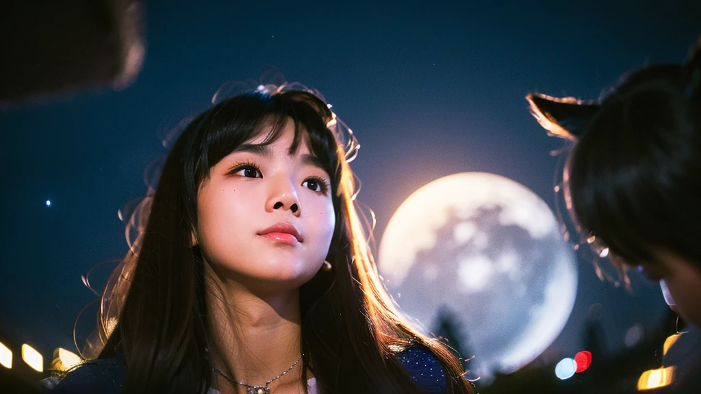 Vast landscape photos、（View from below with a view of the sky and the wilderness below）、Girl standing in a flower field and looking up、（fullmoon：1.2）、（shooting stars：0.9）、（nebulas：1.3）、mountain in the distance、Tree Break Production Art、(Warm color light source:1.2)、(fireflys:1.2)、abajour、Purple and orange、intricate detailes、Volume Lighting BREAK (​masterpiece:1.2)、(top-quality)、4K、ultra-detailliert、（The composition of the movement：1.4）、Highly detailed and colorful details（Irridescent color：1.2）、（Glowing lighting、Atmospheric illumination）、dream-like、Magical、（独奏：1.2）、a 18 year old girl、Pleated long skirt、10cm Black High Heels、Heel only red、squatting with your knees、Kuro's long hair、Hair fluttering in the wind、Black knitwear、Spread your hands a little、A black hazy aura comes out of the palm.、