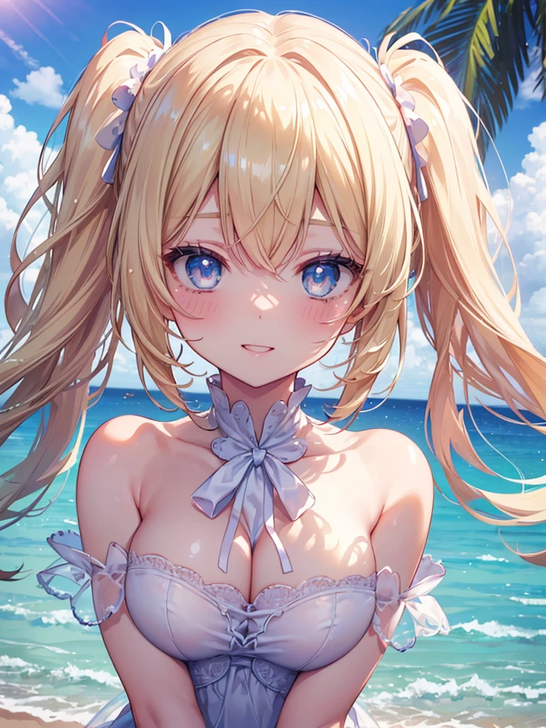 High resolution, A face with attention to detail, ((One Girl))、((cute))、Big smile、Blushing、Open your mouth、Blonde、Twin tails、Ultra detailed face、Very fine eye、Ultra detailed hair、Beautiful beaches、Palm tree、Bright sunlight、Beautiful blue sky, Movie angle, Professional Lighting, Highest quality, masterpiece, sharp, Perfect focus, Bokeh, photoRealistic, (Beautiful, detailed eyes: 1.3), Realistic, (3D Face:1.1), (Shiny skin:1.5), (超High resolution intricate face details), (Facial skin pores:1.3), 超High resolution, 8k eye detail, Super huge breasts, Emphasize your breasts, nude, Huge nipples, vagina, clitoris, (View your viewers) break (Bust up shot), topless