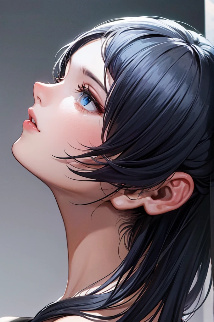 Highest quality, masterpiece, Black Hair, blue eyes, profile