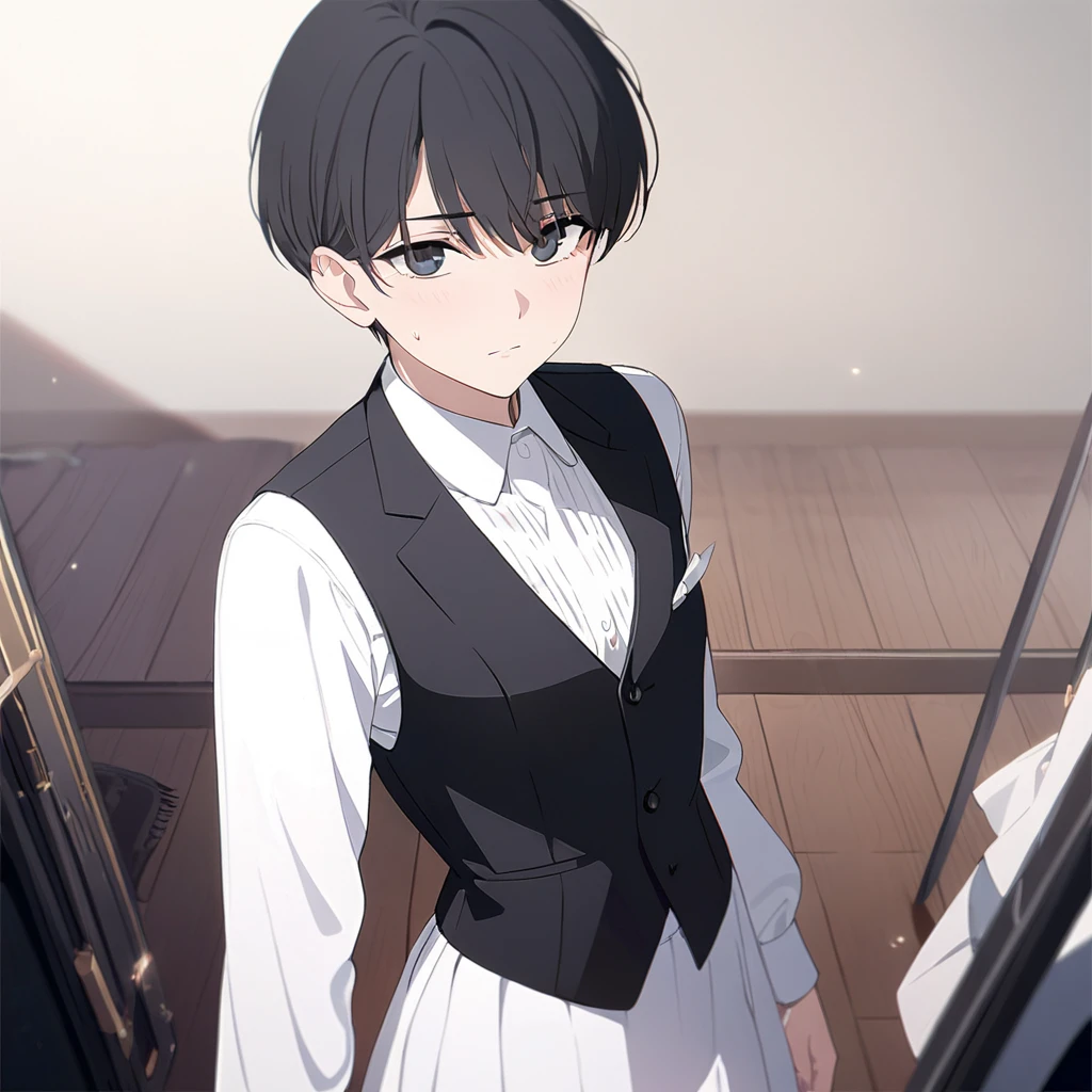 1 boy, black hair, short hair, detailed hair, black eyes, detailed eyes, looking at viewer, standing, black vest, white dress shirt, long sleeves, no smile, simple background, solo, ((( ultra detailed))), (((best quality))), ((masterpiece))