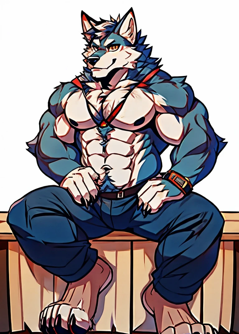 Human-wolf,musculous,Hairy all over,clawed paws,erect through