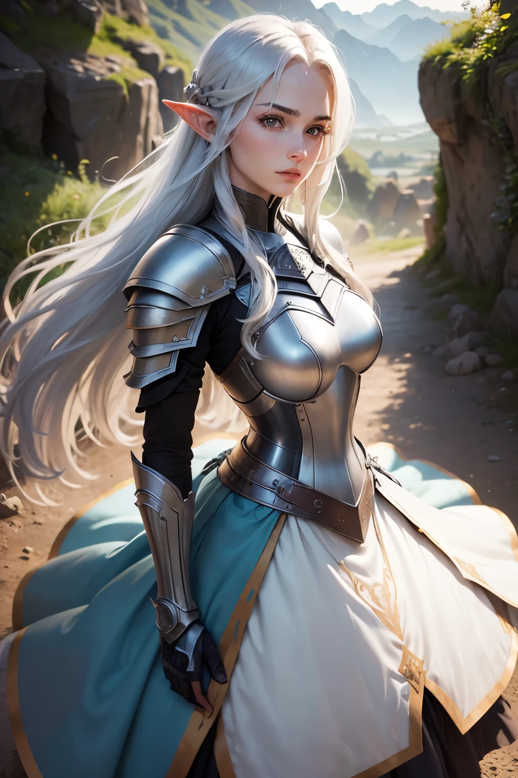 ((best qualityer)), ((work of art)), (detailded), ((best quality)), ((masterpiece)), (detailed), Prize-winning works, with incredible details, maximum textures and details, uhd ,8K,super resolution ,depth of field, retina, masterpiece, anatomically correct, textured skin, super detail, high details, highres ,1 Male elf fantasy warrior adventurer ,Super long gray hair in the wind,rosto ultra detailded ,blue colored eyes, wide chin , wearing light adventurer armor , gray gauntlets and gloves, red breastplate, long white and silver cape ,fully body, olhos penetrantes hiperdetaildeds , olhos detaildeds ,white light armor(25 year old young man :1.1,olhos detaildeds, rosto detailded, whole body:1.1,the bottom is a valley ,mountains and forest ),(best qualityer:1.2,ultra-detailded:1.1,realisitic:1.37) ,eyeshadows, sharp focus, swirly vibrant colors,)
