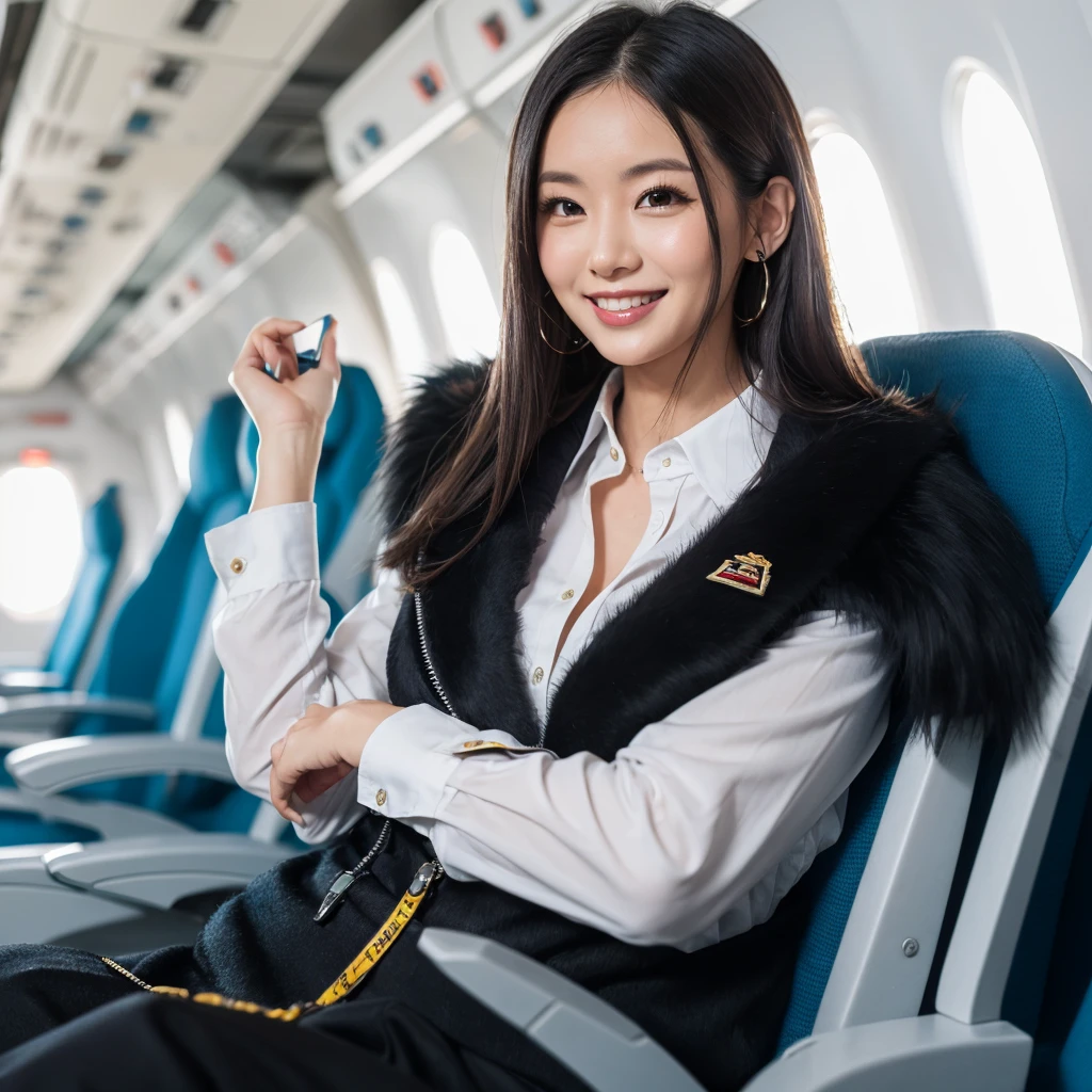 young girl 32 years old, flight attendant, sitting in the airplane seat, dressed in uniform, smiling, posing, 8k, maximum quality, maximum resolution, black fur, sexy, neckline, Free hair, very thin, pied, without jacket