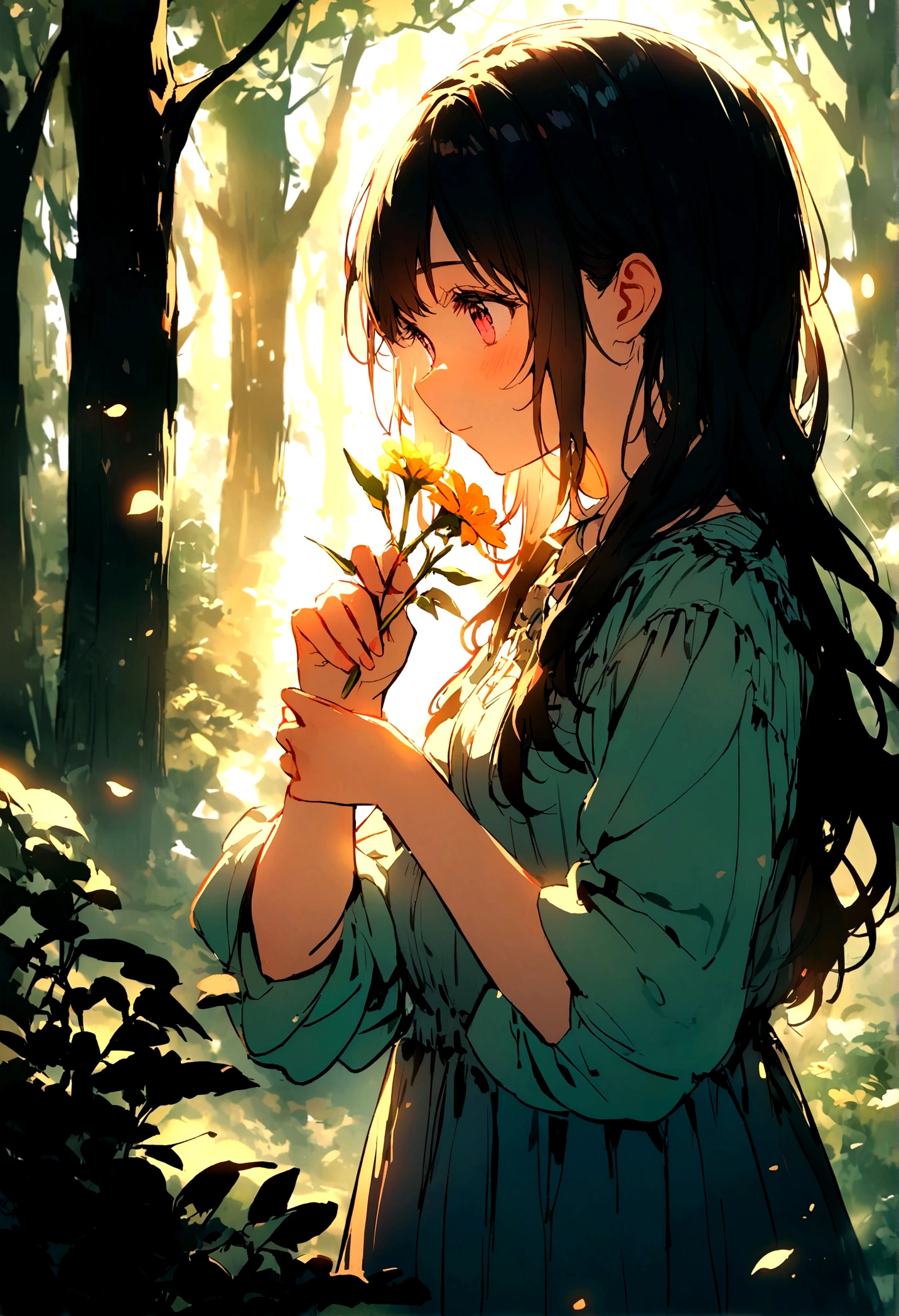 picking flowers, In the woods, ,Vibrant colors,Soft lighting