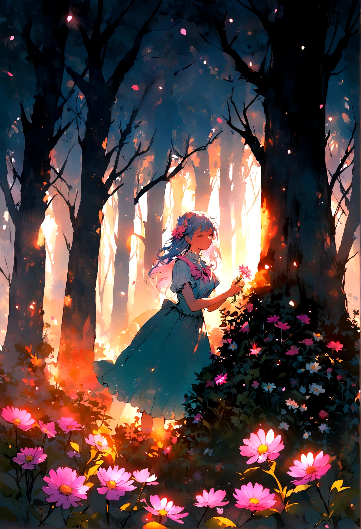 picking flowers, In the woods, ,Vibrant colors,Soft lighting