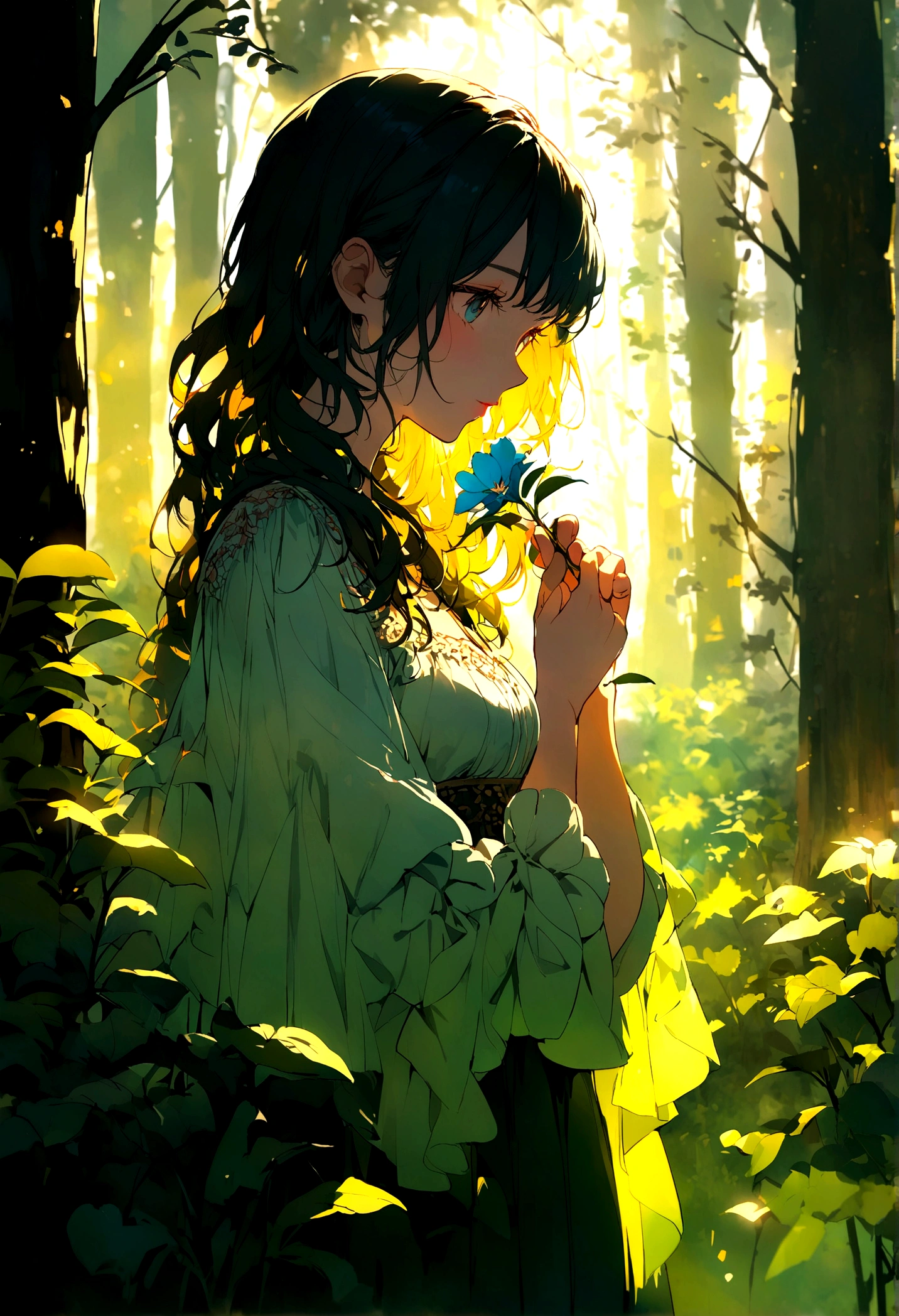 picking flowers, In the woods, ,Vibrant colors,Soft lighting