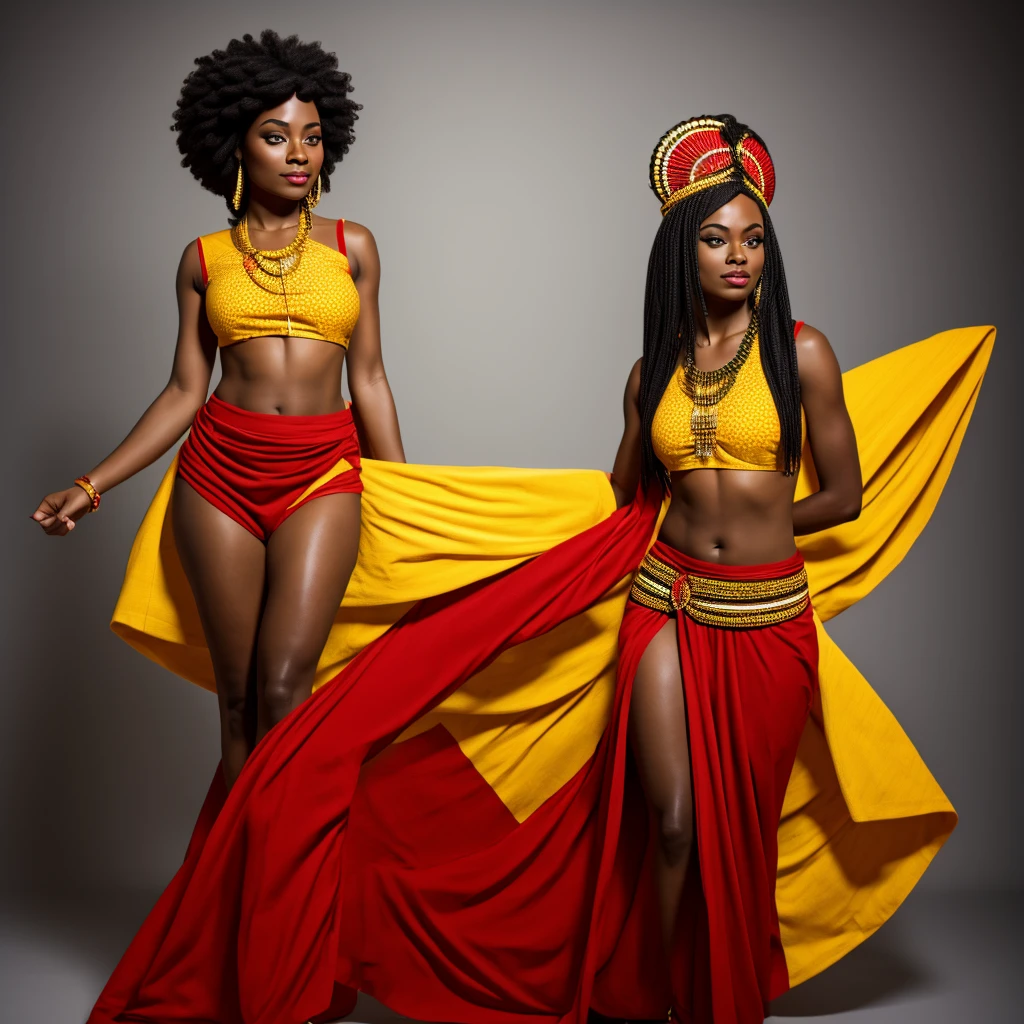 African goddess of war, red and yellow clothing, white background, rays, wind, light