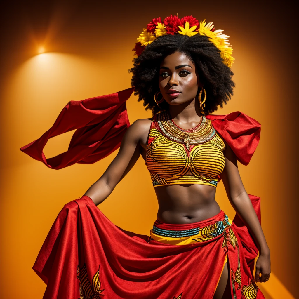 African goddess of war, red and yellow clothing, white background, rays, wind, light