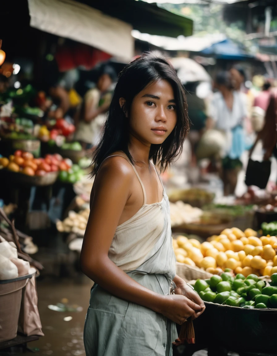 thai girl in market in thailand, topless, sweaty and wet hair, Voigtlander Nokton 50mm f1.1 lens, shot on Kodak Brownie, vintage, dark vignette, soft focus, muted colors, silhouette against the light, White Balance, (perfect photo:1.2), 4k,