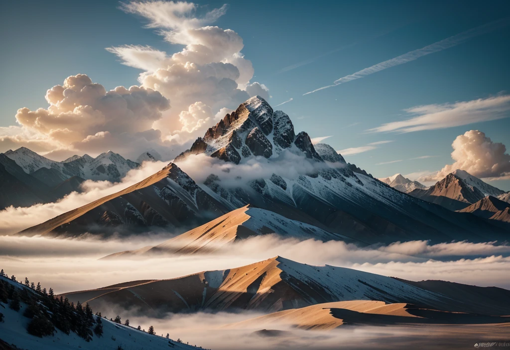 Angel without human emotions, creator of the universe, myth, in the background of the image, Scene of the Tian Shan, orange cloud. Image style should be comic style, Strong and eye-catching strokes, 以及人物身上的myth與天使色彩
