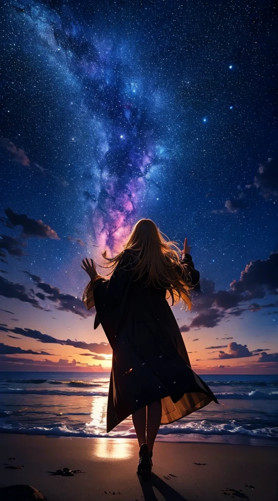1people々々々,Blonde long-haired woman,Long coat, Dress Silhouette, Rear View,Raise your hand to grab something,milky way,Space Sky, Beach,