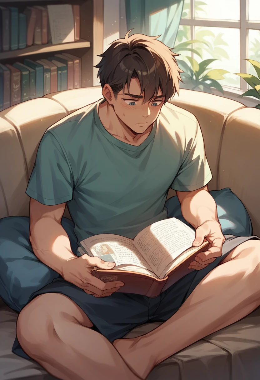 boy 16 years old, reading a book indoors on the sofa, while it's raining outside, green hair
