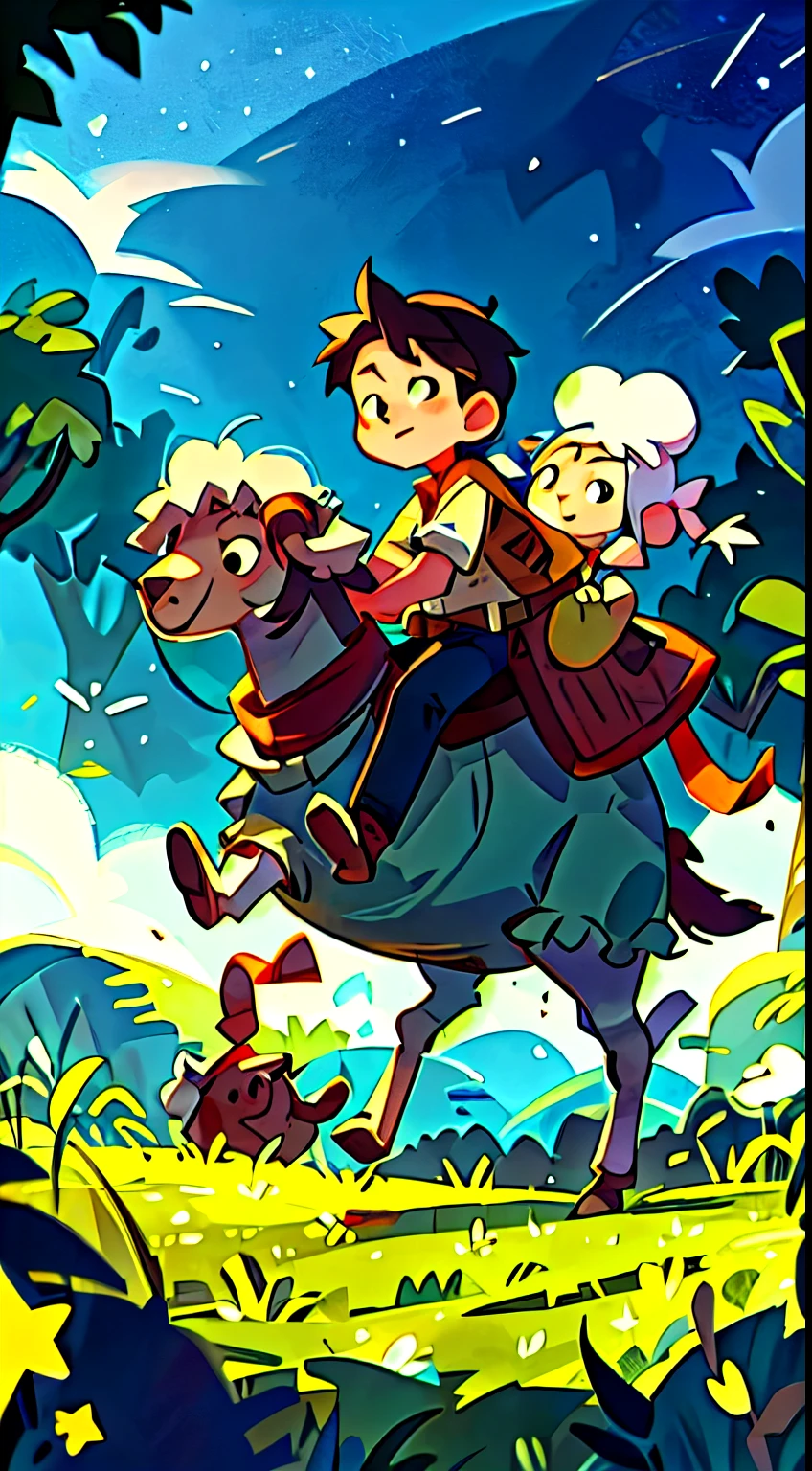 Prairie, a boy riding on the back of a sheep, knight, night, starry
