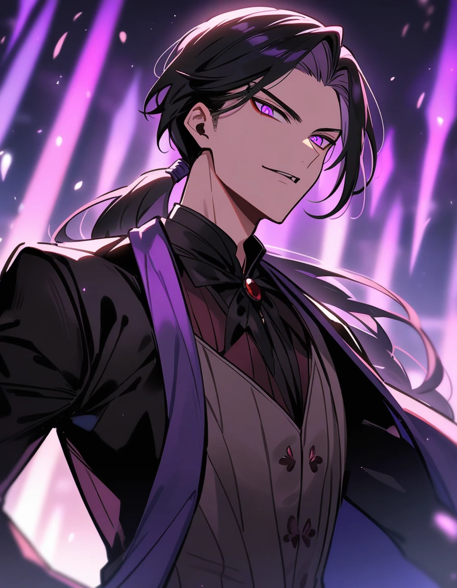 Young handsome vampire boy with long dark black hair with low ponytail (light purple lights) elegant anime style/oriental japanese demon manga best quality