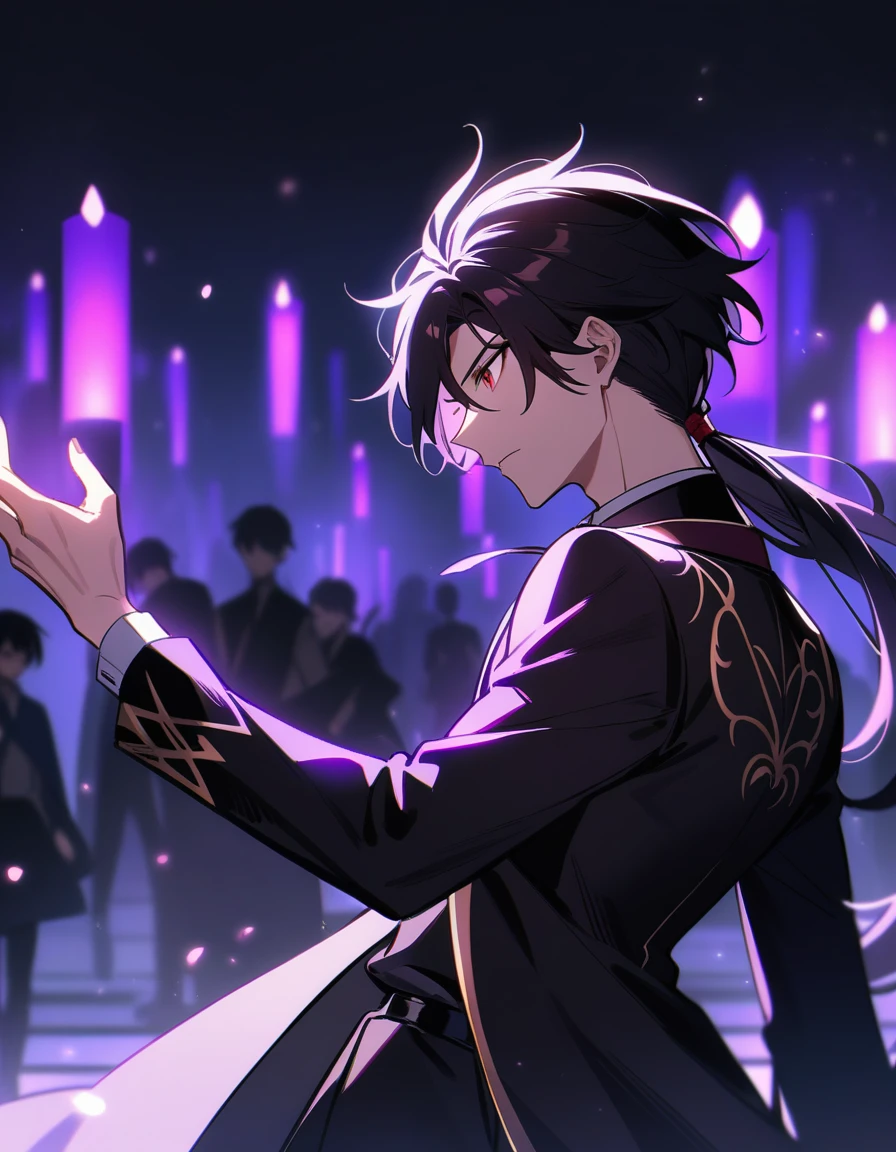Young handsome vampire boy with long dark black hair with low ponytail (light purple lights) elegant anime style/oriental japanese demon manga best quality
