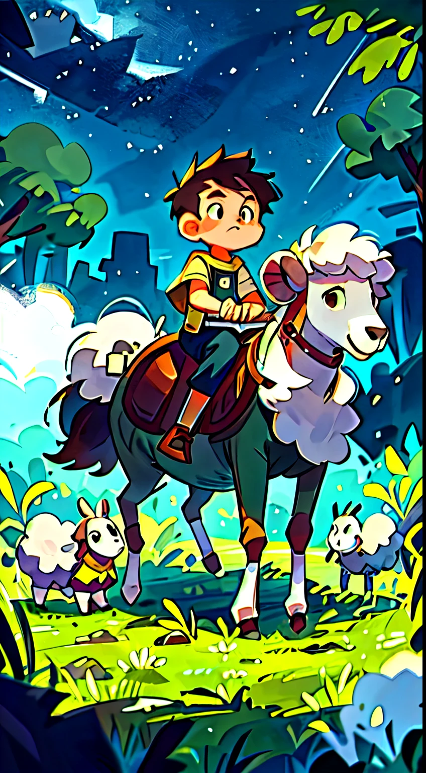Prairie, a boy riding on the back of a sheep, knight, night, starry
