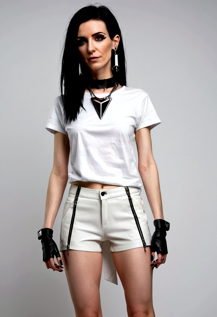 skinny 35 years old nude woman, WEARING CYBERPUNK WHITE SHORT T-SHIRT, posing stand up, FULL FRONTAL VIEW, extra , small ass, black long hair, straight hair, pale skin, bottomless, wearing futuristic high heels, exposed pussy, black nails, triangular necklace, triangular earrings, in a white background