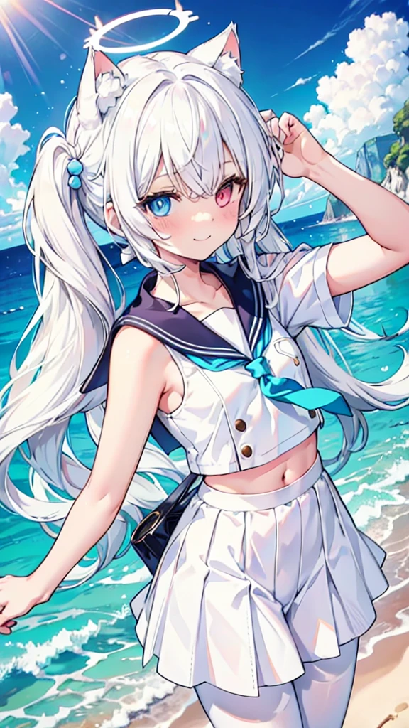 Sailor Suit，girl，White pantyhose，White hair，Long hair，Cat ear，Heterochromia blue-yellow，Smile，Female face，There are bright spots in the eyes，White little hands，Normal fingers，flat chest，On the beach，Blue Halo，White skirt，Blue tie