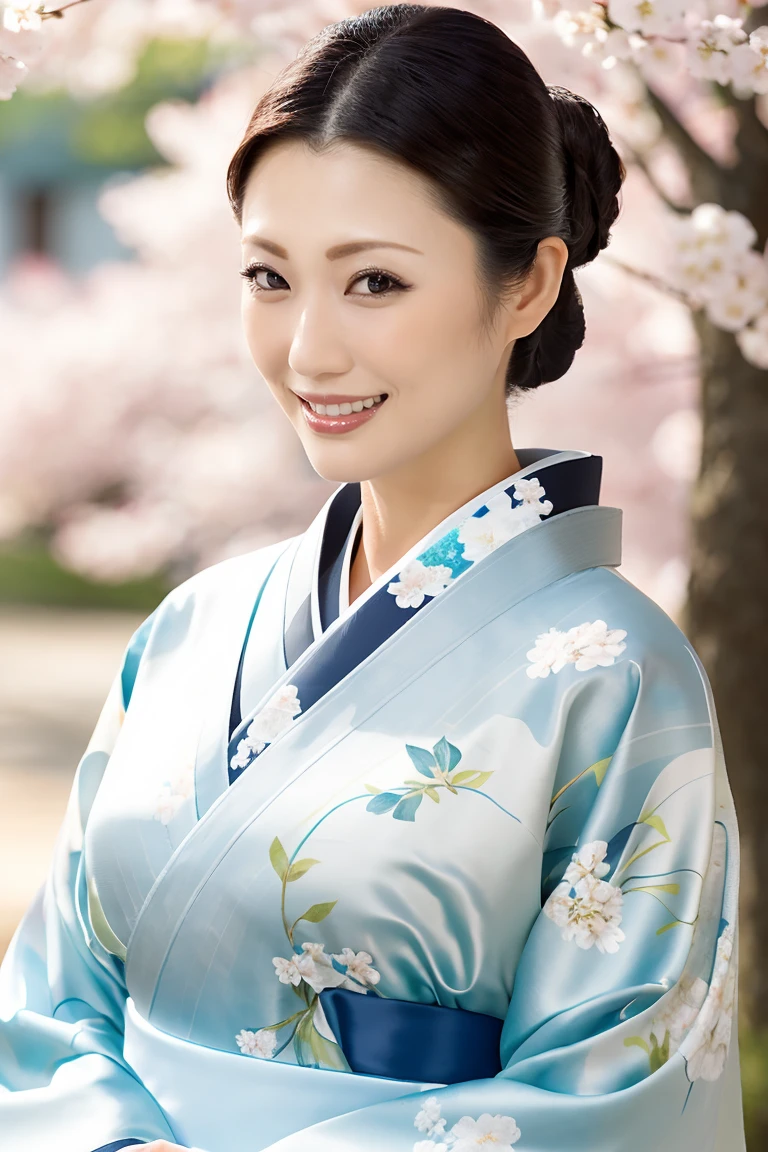 (Highest quality、Tabletop、8K、Best image quality、Award-winning works)、(One beautiful mature woman:1.1)、Adult face、(Innkeeper:1.1)、(A top-quality white kimono with an elegant floral pattern:1.2)、(A kimono with a perfect and precise collar:1.2)、Perfect mature woman portrait photo、Glowing Skin、Standing Elegantly、(Strongly blurred cherry blossom park background:1.3)、(Strongly blurred background:1.2)、Glowing Skin、Very beautiful skin、(Accentuate your body lines:1.1)、(The most graceful posture:1.2)、(Large Breasts:1.2)、(Voluptuous body:1.3)、A perfect smile、Perfect beautiful glossy lips、(Accurate anatomy:1.2)、(A perfect and elegant outfit:1.1)、(Standing with good posture:1.1)、(Beautiful, elegant and top-quality patterned kimono:1.2)、、(Perfect and natural beautiful sleeves:1.2)、(A perfect and natural beautiful collar:1.2)、(Perfect and natural beautiful sleeves:1.2)、(An elegant and high-quality patterned kimono obi:1.4)、(A perfect and natural beautiful kimono obi:1.1)、(Chignon:1.3)、(Close-up of face:1.4)、(Smile looking at me:1.2)
