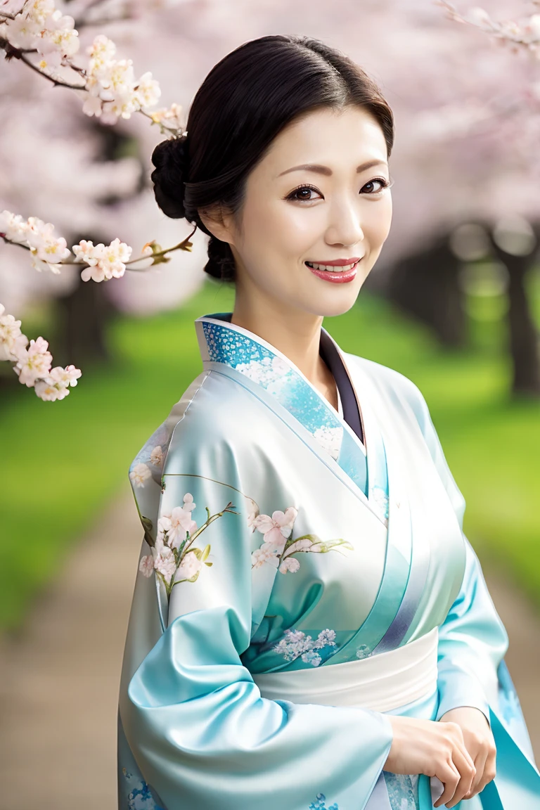 (Highest quality、Tabletop、8K、Best image quality、Award-winning works)、(One beautiful mature woman:1.1)、Adult face、(Innkeeper:1.1)、(A top-quality white kimono with an elegant floral pattern:1.2)、(A kimono with a perfect and precise collar:1.2)、Perfect mature woman portrait photo、Glowing Skin、Standing Elegantly、(Strongly blurred cherry blossom park background:1.3)、(Strongly blurred background:1.2)、Glowing Skin、Very beautiful skin、(Accentuate your body lines:1.1)、(The most graceful posture:1.2)、(Large Breasts:1.2)、(Voluptuous body:1.3)、A perfect smile、Perfect beautiful glossy lips、(Accurate anatomy:1.2)、(A perfect and elegant outfit:1.1)、(Standing with good posture:1.1)、(Beautiful, elegant and top-quality patterned kimono:1.2)、、(Perfect and natural beautiful sleeves:1.2)、(A perfect and natural beautiful collar:1.2)、(Perfect and natural beautiful sleeves:1.2)、(An elegant and high-quality patterned kimono obi:1.4)、(A perfect and natural beautiful kimono obi:1.1)、(Chignon:1.3)、(Close-up of face:1.4)、(Smile looking at me:1.2)