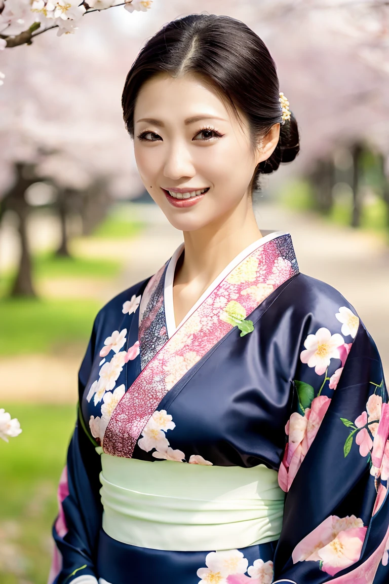 (Highest quality、Tabletop、8K、Best image quality、Award-winning works)、(One beautiful mature woman:1.1)、Adult face、(Innkeeper:1.1)、(A top-quality white kimono with an elegant floral pattern:1.2)、(A kimono with a perfect and precise collar:1.2)、Perfect mature woman portrait photo、Glowing Skin、Standing Elegantly、(Strongly blurred cherry blossom park background:1.3)、(Strongly blurred background:1.2)、Glowing Skin、Very beautiful skin、(Accentuate your body lines:1.1)、(The most graceful posture:1.2)、(Large Breasts:1.2)、(Voluptuous body:1.3)、A perfect smile、Perfect beautiful glossy lips、(Accurate anatomy:1.2)、(A perfect and elegant outfit:1.1)、(Standing with good posture:1.1)、(Beautiful, elegant and top-quality patterned kimono:1.2)、、(Perfect and natural beautiful sleeves:1.2)、(A perfect and natural beautiful collar:1.2)、(Perfect and natural beautiful sleeves:1.2)、(An elegant and high-quality patterned kimono obi:1.4)、(A perfect and natural beautiful kimono obi:1.1)、(Chignon:1.3)、(Close-up of face:1.4)、(Smile looking at me:1.2)