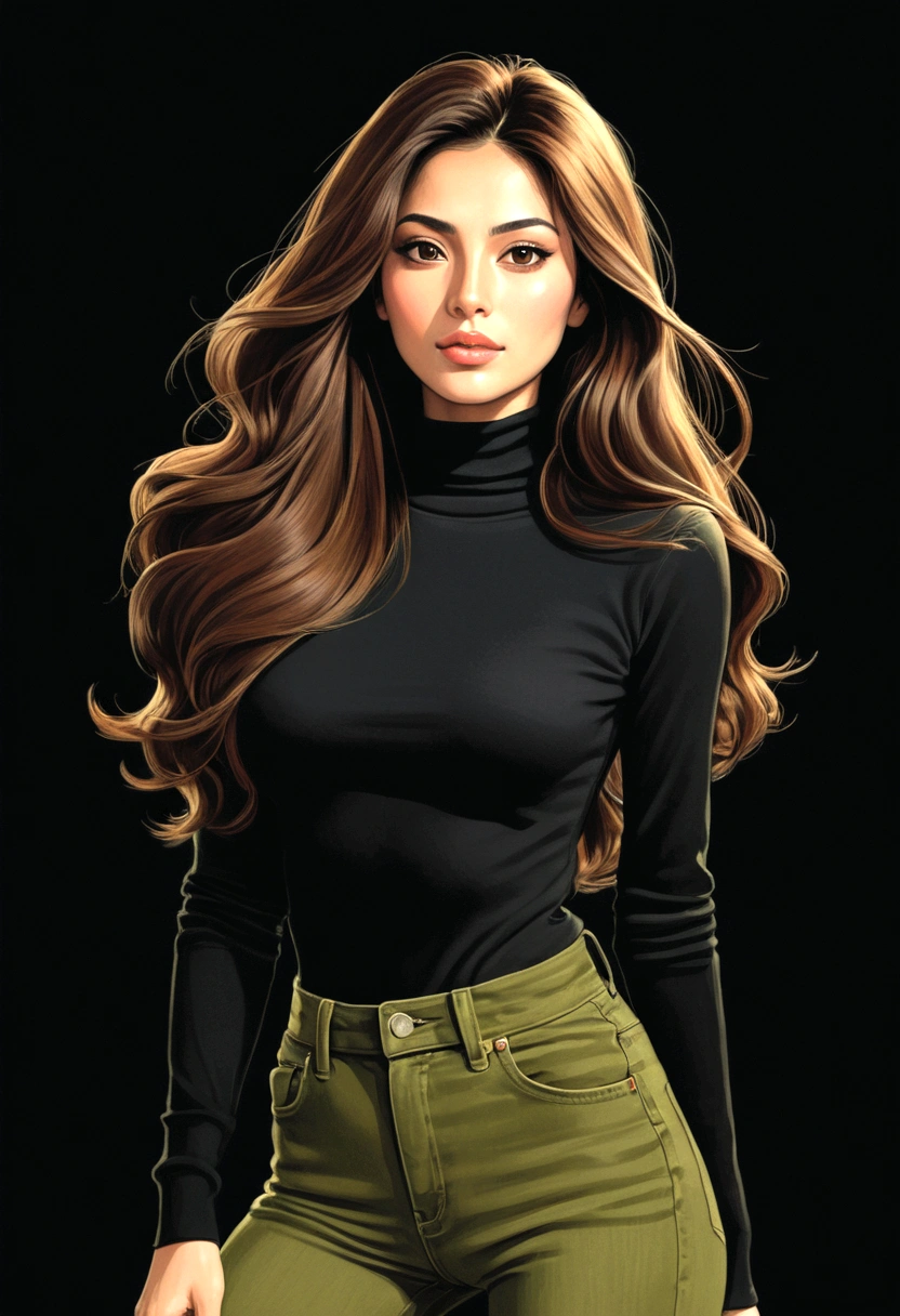 Illustration by Dong Yang. Black background. A beautiful Lebanese woman with long brown hair. She wears a black turtleneck, and a pair of olive green skinny jeans.

