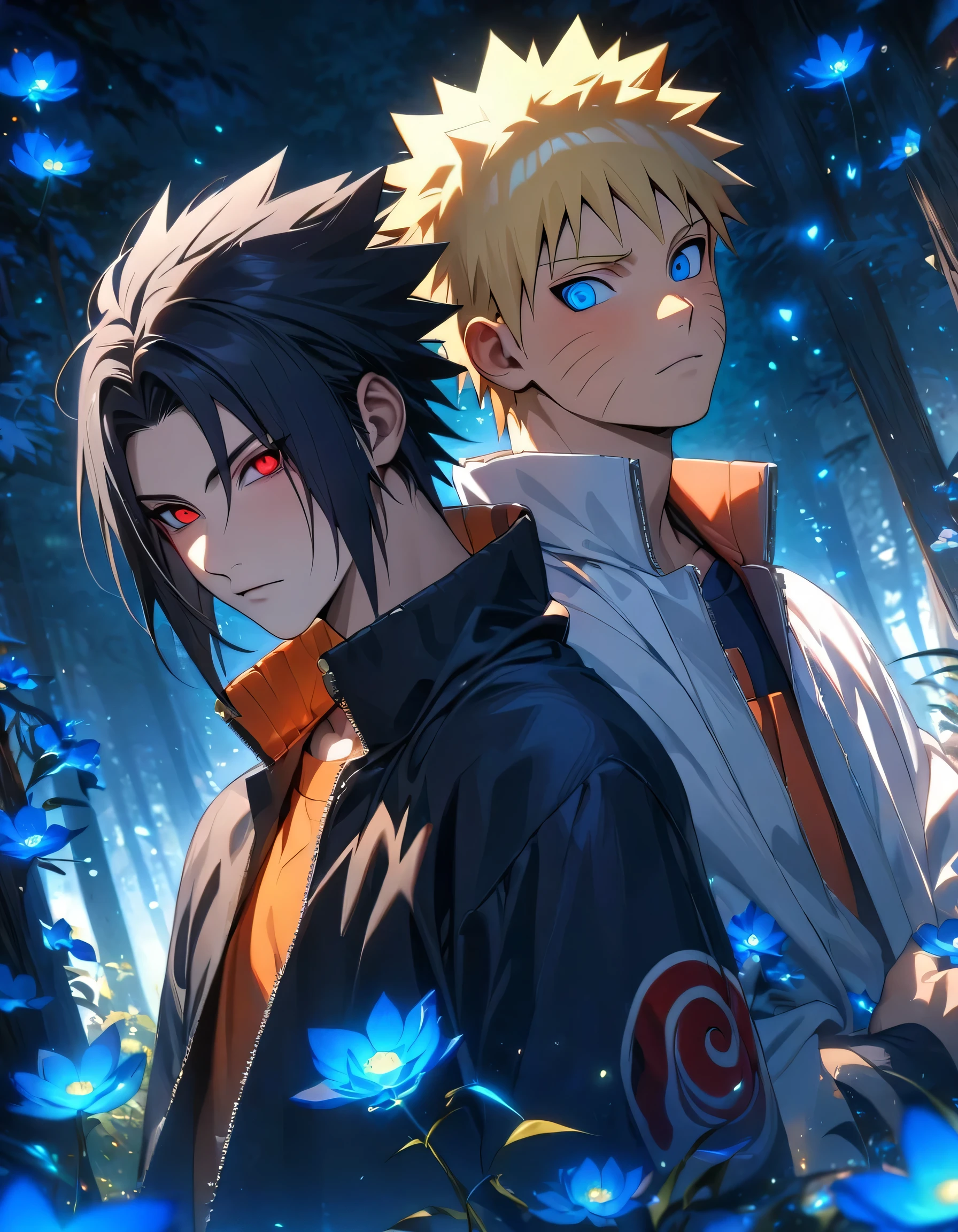 (absurdres, highres, ultra detailed, HDR), master piece, best quality, Uchiha Sasuke, black hair, vibrant red eyes, Naruto Shippuden, Uzumaki Naruto, blond hair, vibrant turquoise eyes, 2men together, gay, handsome, blue forest, blue fireflies, blue flowers, blue petals