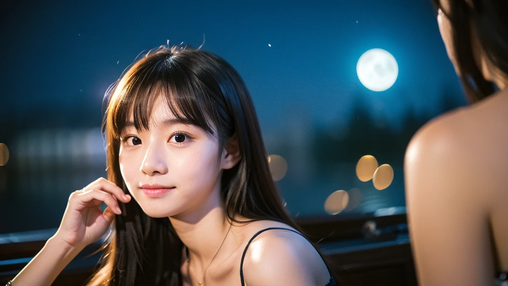 A very cute face like an idol、Looks like a young face、20-year-old female、Gentle and cute、Cleavage、Beautiful moon and starry night、Looking up at the night sky、Moonlight only、(leica 50mm prime lens, cinestille 800Tfilm)、RAW Photos、Genuine、live-action、(Romantic)、(Artistic Expression)、Real Stick、High resolution、masterpiece