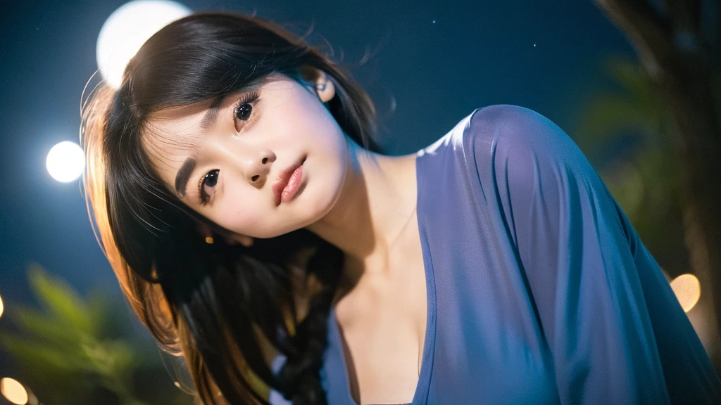 A very cute face like an idol、Looks like a young face、20-year-old female、Gentle and cute、Cleavage、Beautiful moon and starry night、Looking up at the night sky、Moonlight only、(leica 50mm prime lens, cinestille 800Tfilm)、RAW Photos、Genuine、live-action、(Romantic)、(Artistic Expression)、Real Stick、High resolution、masterpiece
