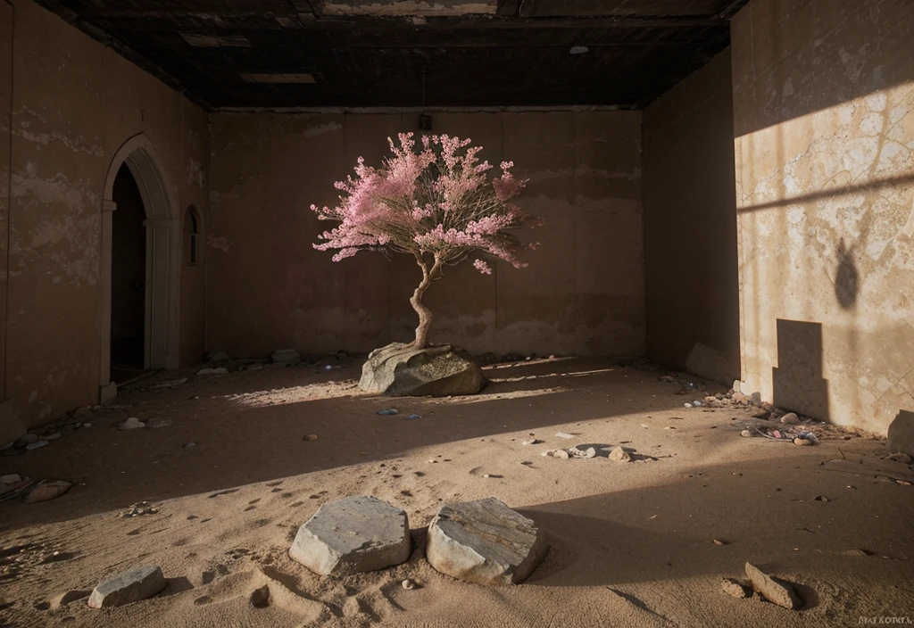A stunning pink tree on the beach rocks, Realistic lighting style, channel, Art inspired by faith, abandoned space, Well-lit scenes, immersive environment, Floral and natural patterns--ar 1