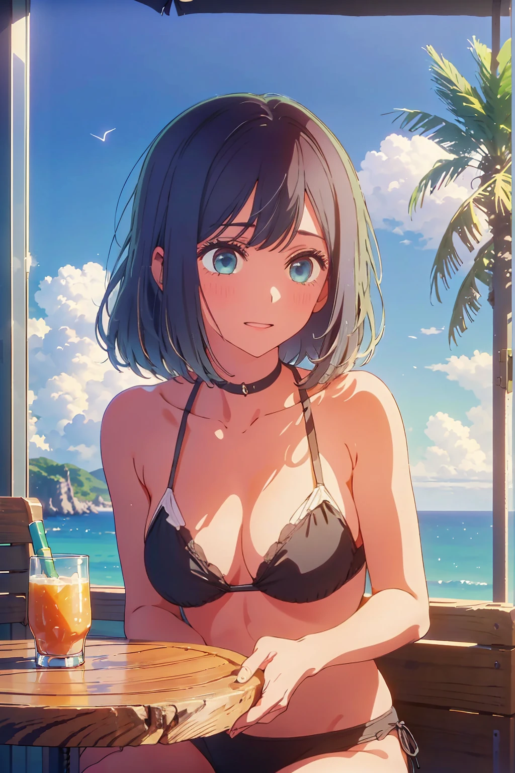 (Highest quality:1.4、masterpiece:1.4、Super detailed:1.4、8K:1.4)、((((1 person、Surprised expression、sit、Outdoor café terrace、coastal、juice、table、Sandy Beach、juiceのグラスを持つ、Plain Bikini、Very soft boobs、Big eyes、Very cute face))))、(moonlight:1.4、at midnight:1.4)、F cup bust、Medium breast