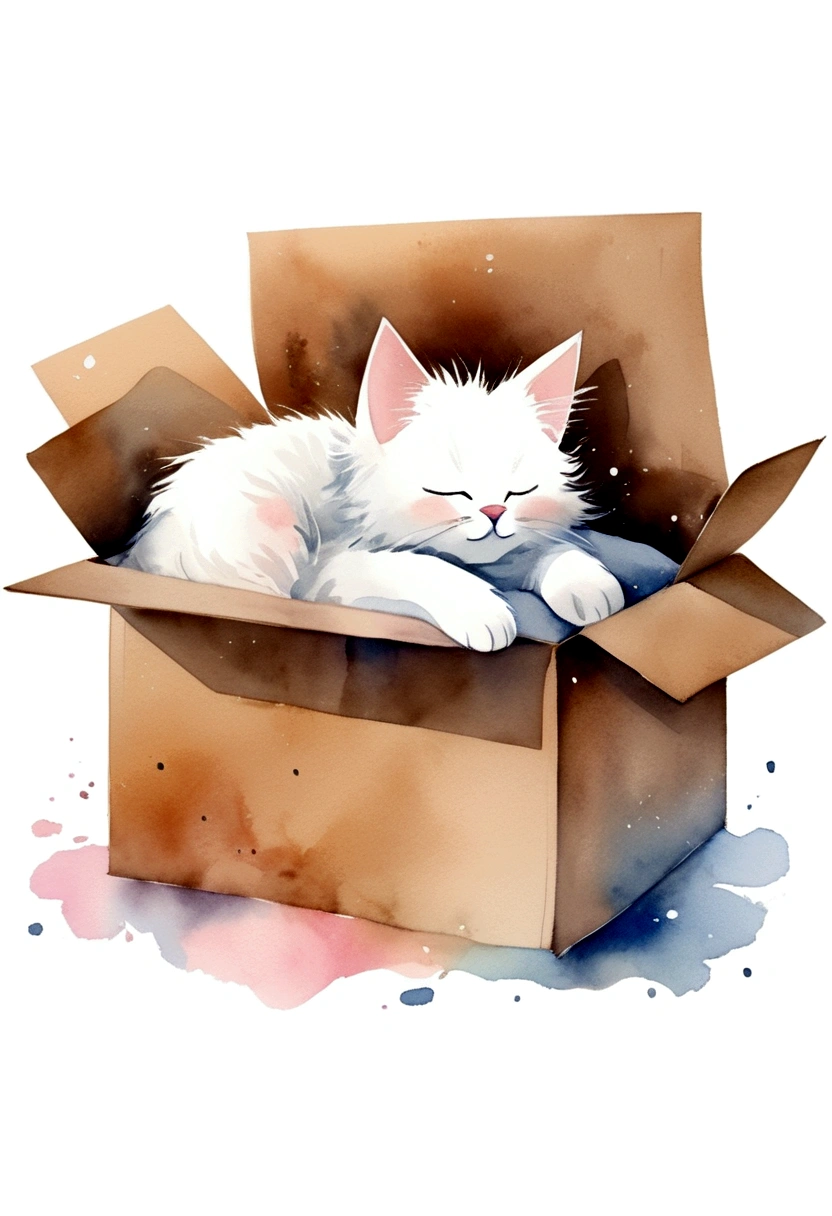 cute, Cat, White Background, Stylized, chibi,  Fluffy fur, watercolor, 和Cat, 黒Cat, Sleeping in a cardboard box