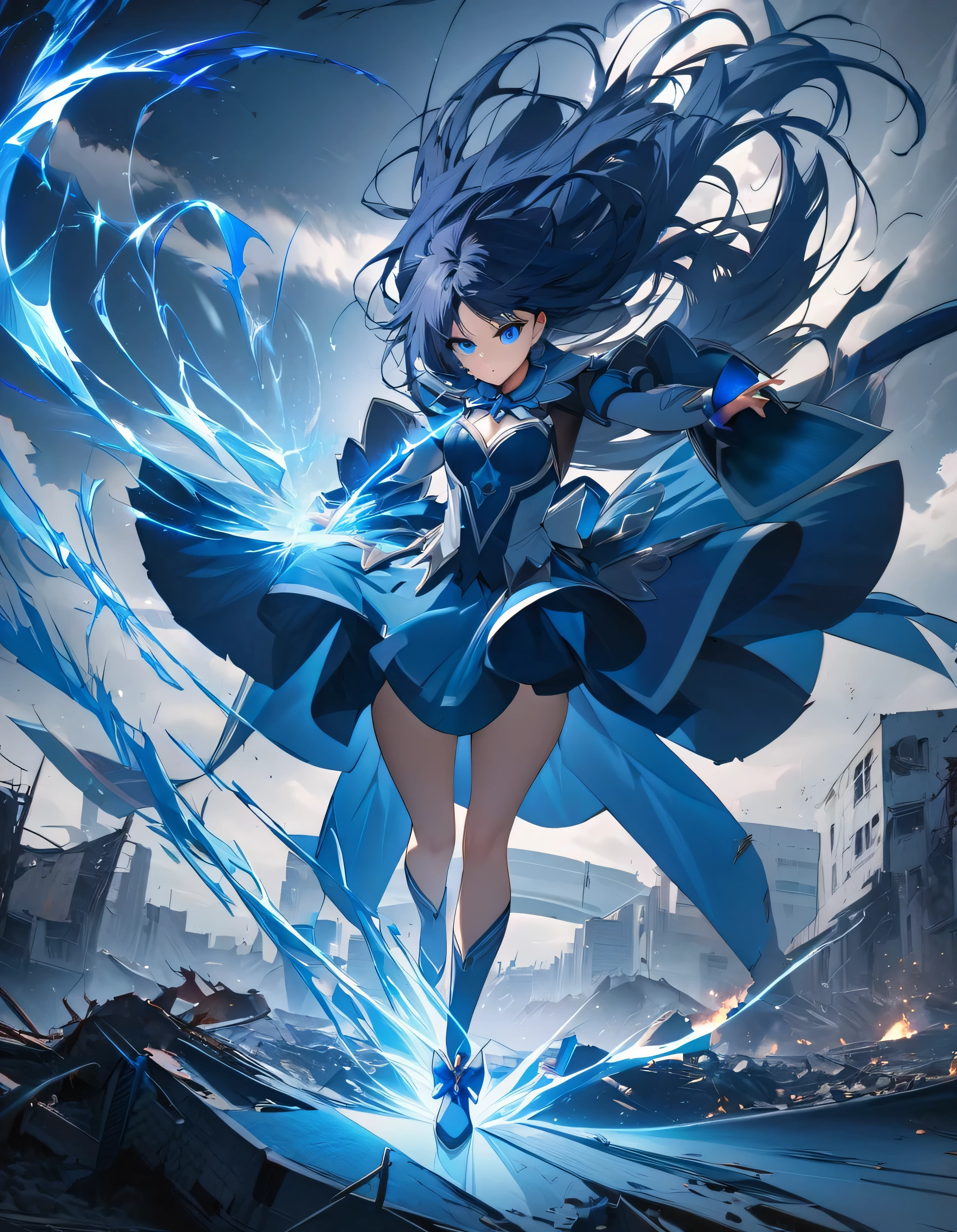 Portraiture, Long Hair, Navy Blue Hair, Detailed eyes in blue color,  One Girl, head, face, Magical girl, Absurd, masterpiece, Highest quality, Magical girl costume, ((Magical girl)), short hair, Devastation, Remaining, Dynamic pose, Apocalypse, Casting a Spell, Style-Glass, Full Body Shot、Strong winds、