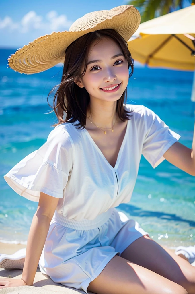 Top quality, one beautiful woman, summer fashion, at beach, smile