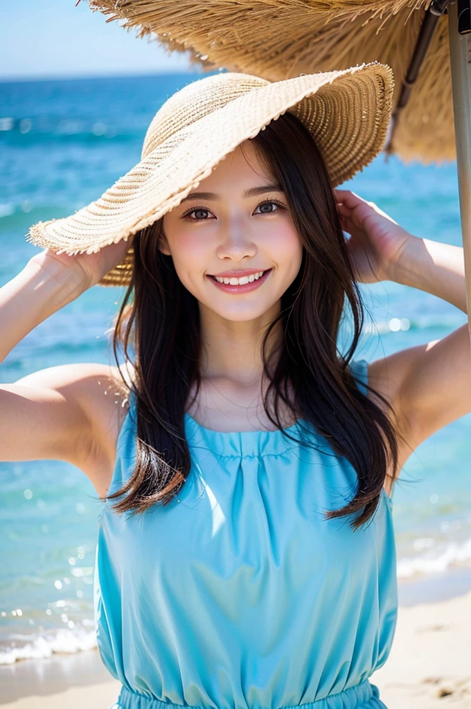 Top quality, one beautiful woman, summer fashion, at beach, smile