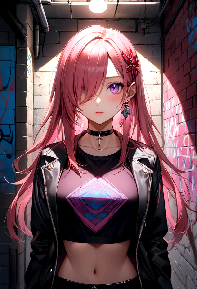 (masterpiece, best quality, 1girl, solo, intricate details, chromatic aberration), realistic, ((medium breath)),long hair, pink hair, red head ornament, pink highlights, hair over one eye,purple eyes, earrings, sharp eyes, choker, neon shirt, open jacket, crop top, (symmetry eyes),(perfect symmetrical body),against wall, brick wall, graffiti, dim lighting, alley ,look at viewer