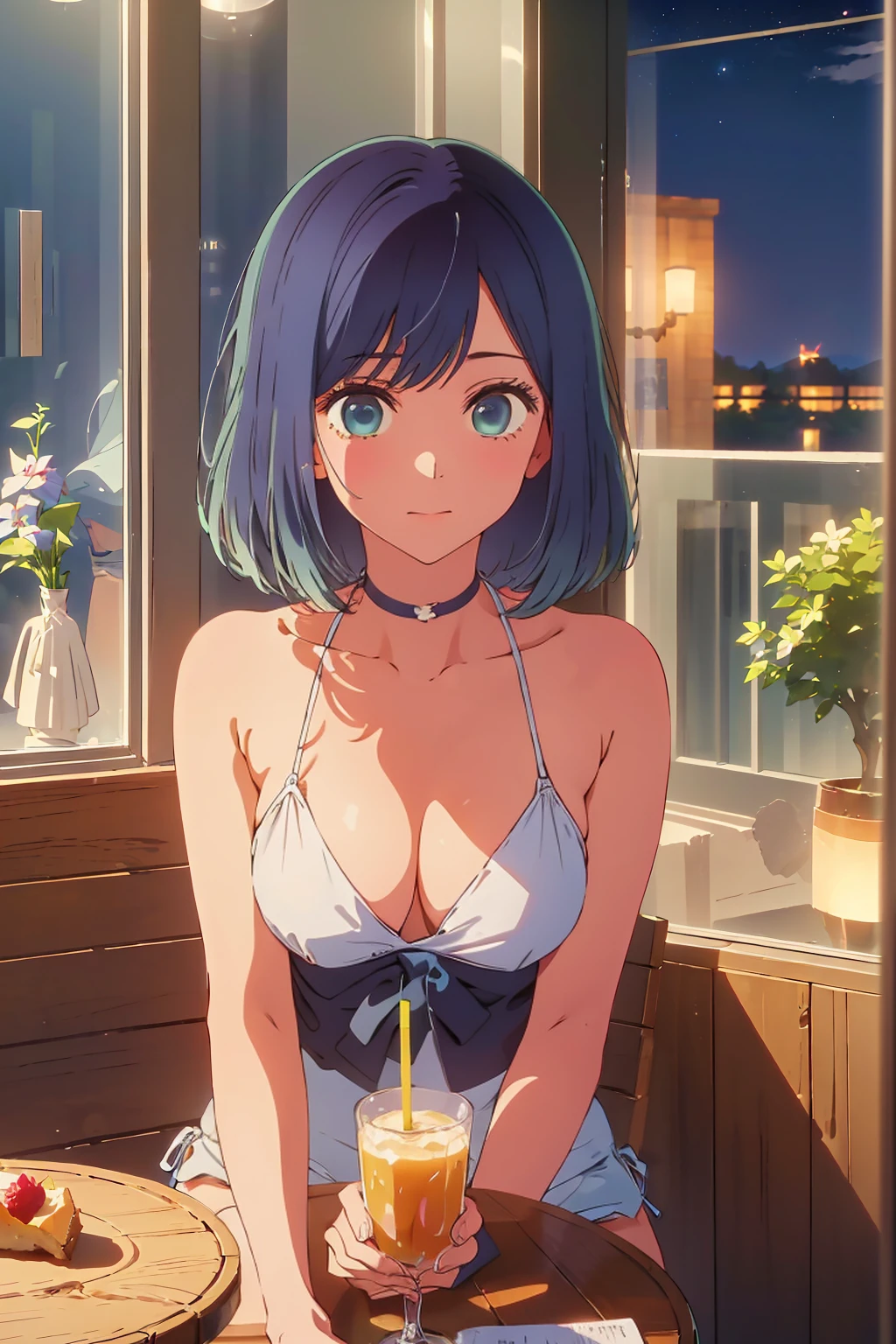 (Highest quality:1.4、masterpiece:1.4、Super detailed:1.4、8K:1.4)、((((1 person、Surprised expression、sit、Outdoor café terrace、coastal、juice、table、Sandy Beach、juiceのグラスを持つ、Plain Bikini、Very soft boobs、Big eyes、Very cute face))))、(moonlight:1.4、at night:1.4)、F cup bust、Medium breast
