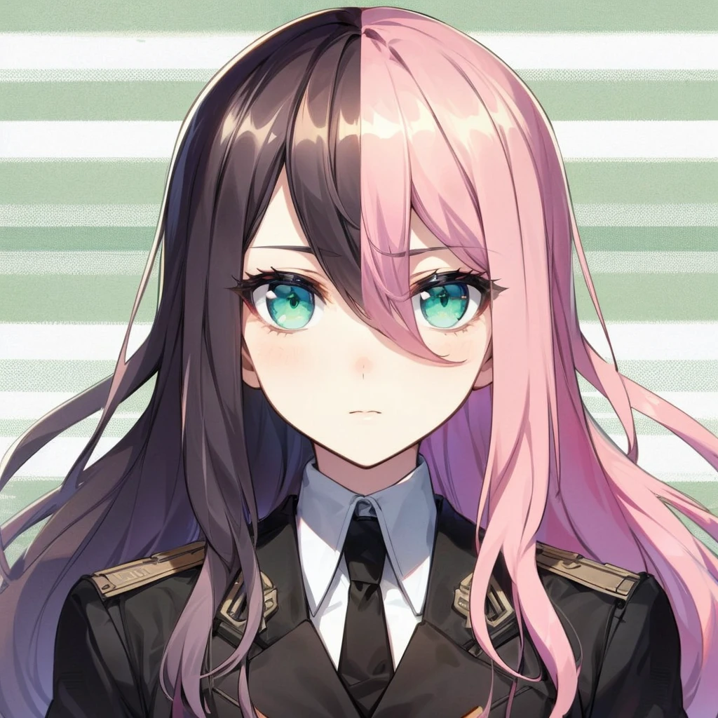 an 18 year old woman,with half black and pink hair,white skin and green eyes,with average bust wearing black clothes and a bulletproof vest, in the background behind an apartment, well drawn arms and body