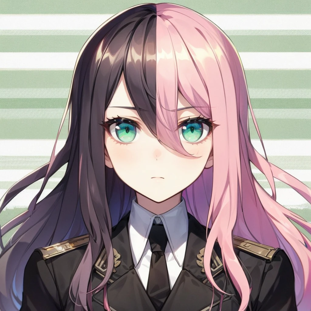 an 18 year old woman,with half black and pink hair,white skin and green eyes,with average bust wearing black clothes and a bulletproof vest, in the background behind an apartment, well drawn arms and body