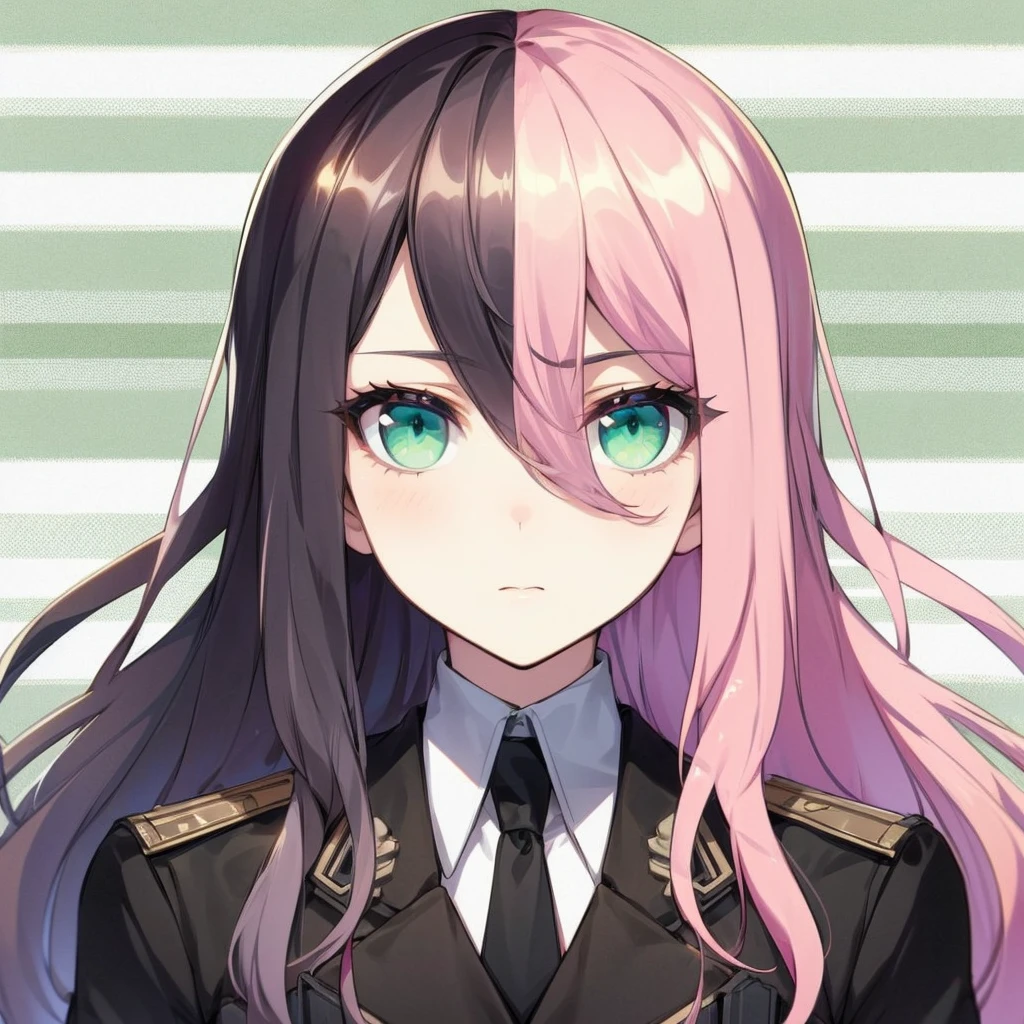 an 18 year old woman,with half black and pink hair,white skin and green eyes,with average bust wearing black clothes and a bulletproof vest, in the background behind an apartment, well drawn arms and body