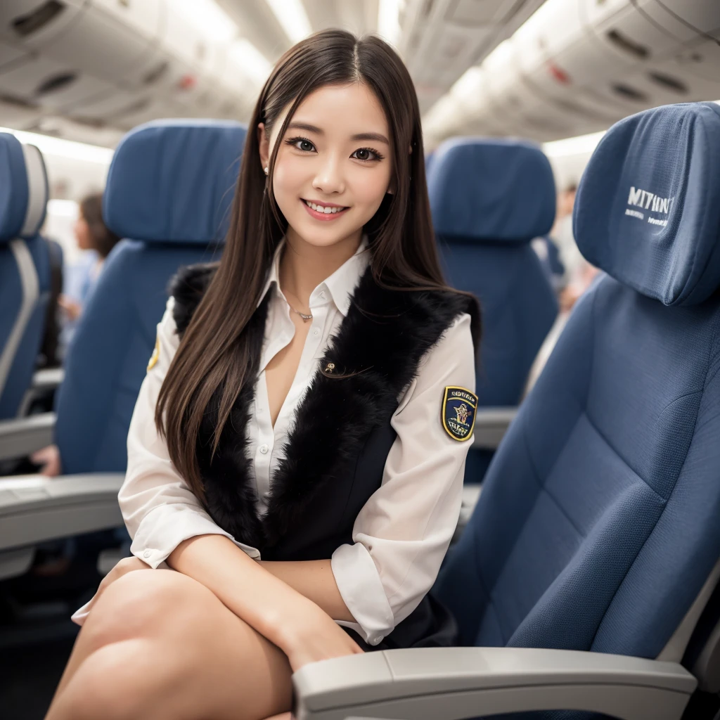 young girl 32 years old, flight attendant, sitting in the airplane seat, dressed in uniform, smiling, posing, 8k, maximum quality, maximum resolution, black fur, sexy, neckline, Free hair, very thin, pied, without jacket