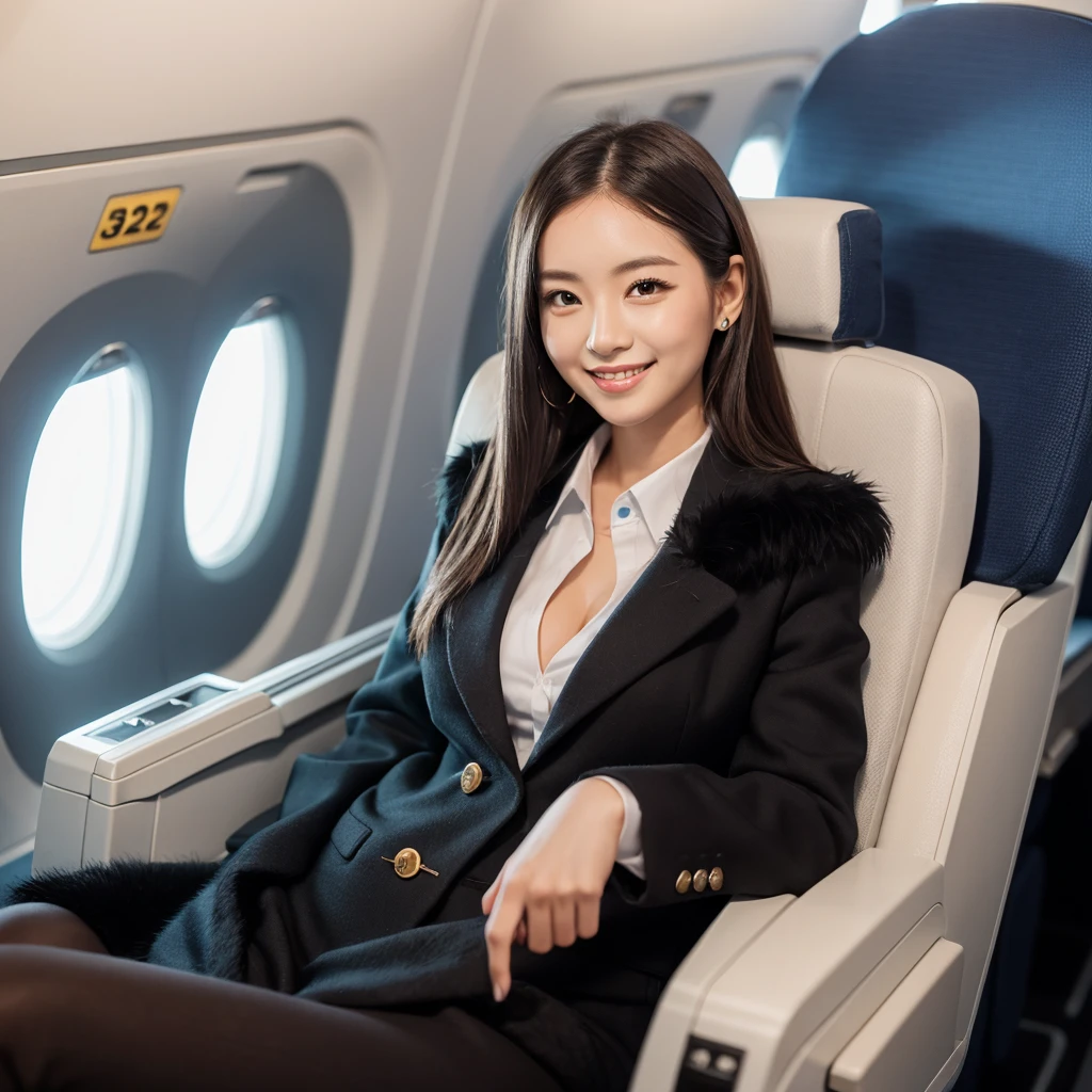 young girl 32 years old, flight attendant, sitting in the airplane seat, dressed in uniform, smiling, posing, 8k, maximum quality, maximum resolution, black fur, sexy, neckline, Free hair, very thin, pied, without jacket